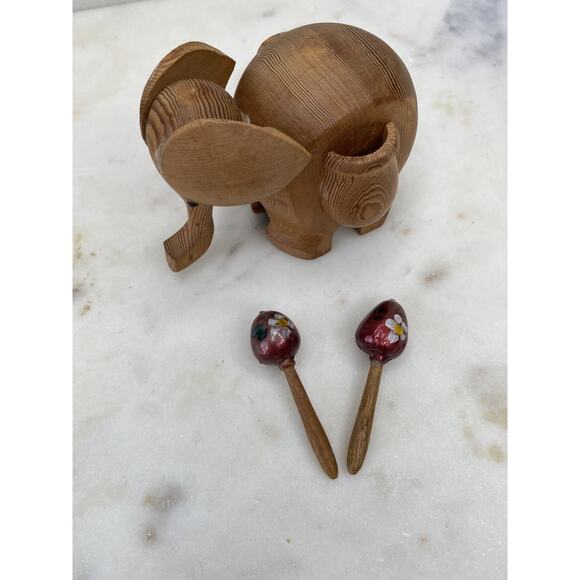 Hand Carved Wood Elephant Toothpick Holder Figurine Handpainted Maracas Trinket - Picture 5 of 11
